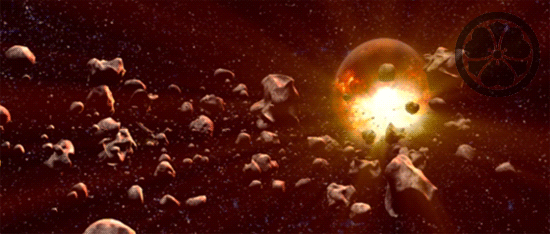L'Ebon Hawk dérive dans un champ d'astéroïdes explosifs