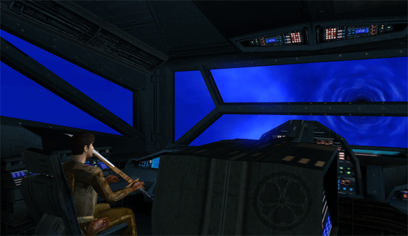 Dans le cockpit de l'Ebon Hawk, Atton travaille au clavier du poste de pilotage, une épée à la main !