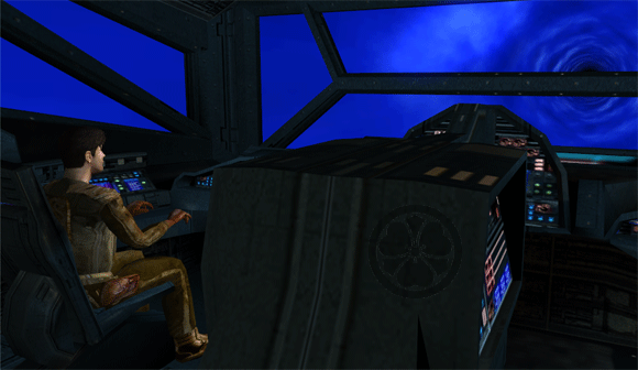 Dans le cockpit de l'Ebon Hawk, Atton travaille au clavier du poste de pilotage, les mains nues