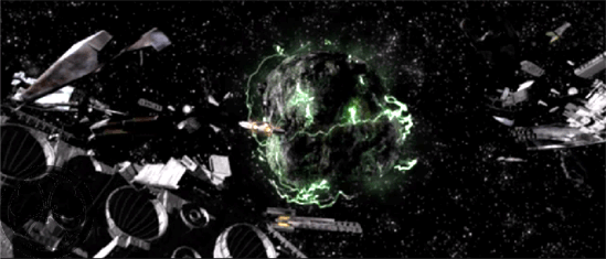 Kotor 2 - TSL - Malachor V - l'Ebon Hawk navigue entre les carcasse de vaisseaux qui flottent pour l'éternité dans le puits gravitationnel crée par le générateur de masse gravifique de Bao-Dur il y a 10 ans.