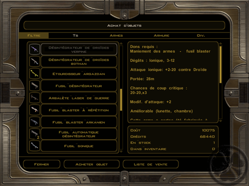 Star Wars - Kotor 2 - TSL - The Sith Lords - Inventaire d'un marchand