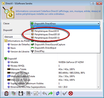 Déployez la liste déroulante et lisez la ou les versions de DirectX (Direct3D) installées (ici, 3 versions cohabitent)