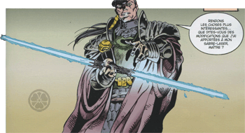 Exar Kun, en 3996 BBY, utilise un sabre double lame à lames bleues (c'est, d'ailleurs, le premier sabre laser à double lame connu).